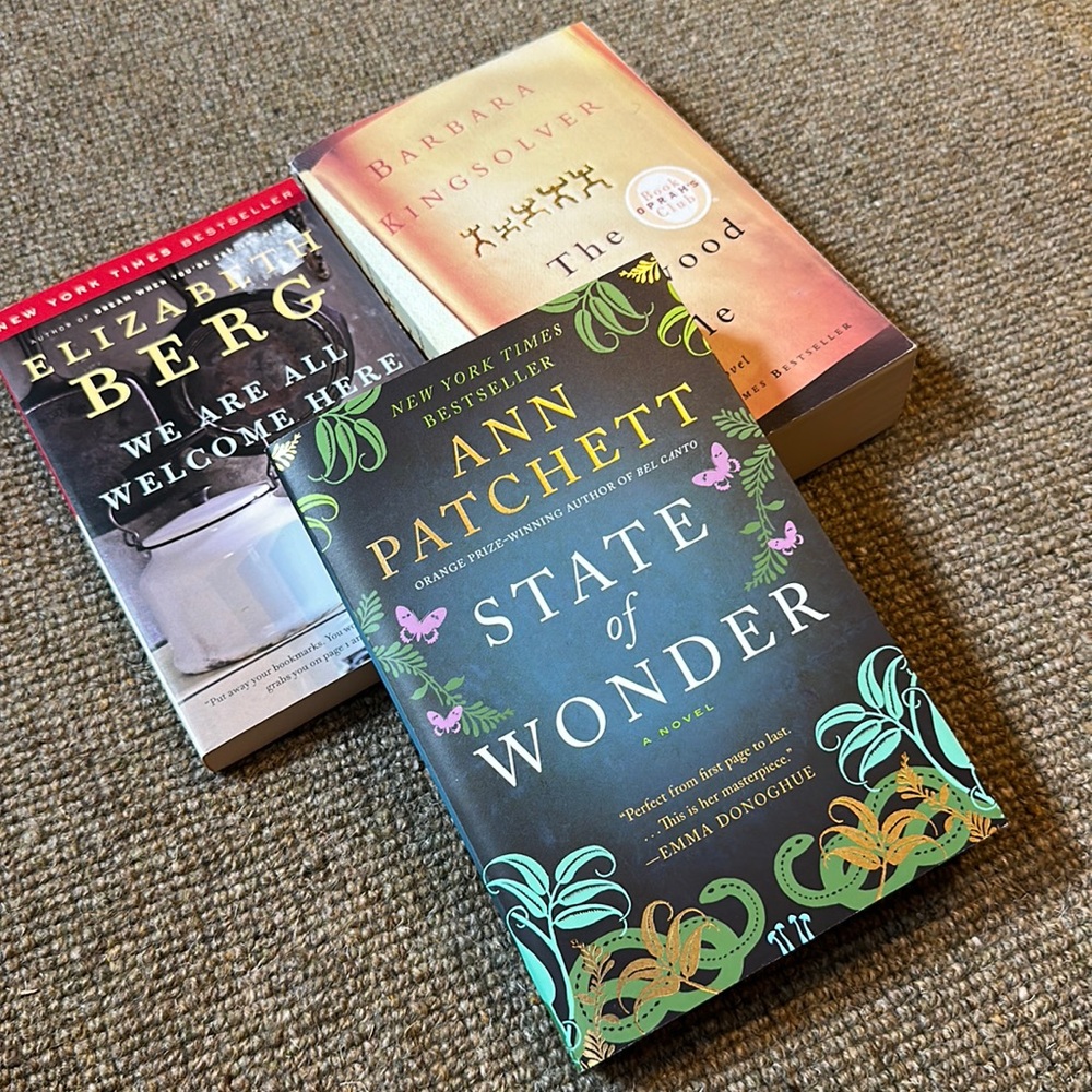 Three paperback novels by Barbara Kingsolver, Ann Patchett and Elizabeth Berg